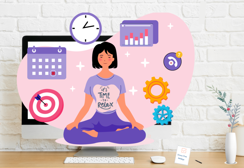 Women meditating front of her computer screen